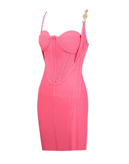 Pink Gold Trim Knitted Bandage Dress - BEYAZURA.COM