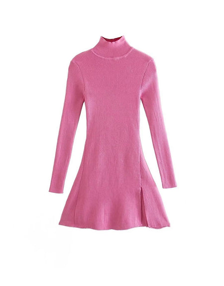 Pink Knit Turtleneck Mini Dress - BEYAZURA.COM