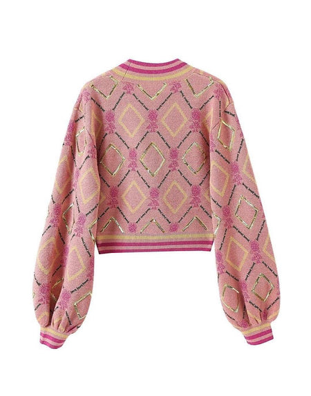 Pink Sequin Patterned Cropped Cardigan - BEYAZURA.COM