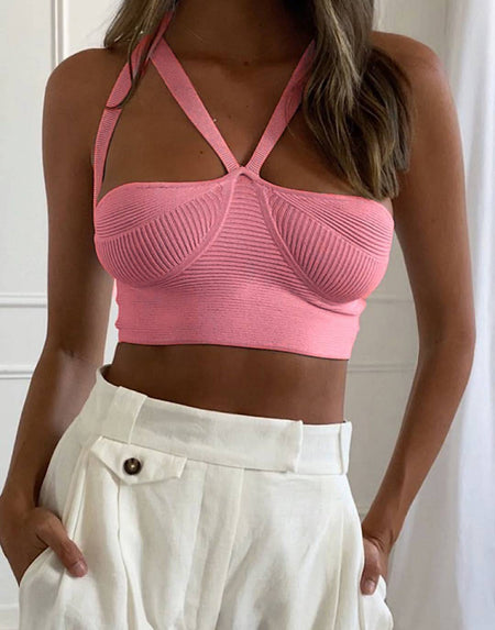 Pink Strappy Crop Knit Top - BEYAZURA.COM