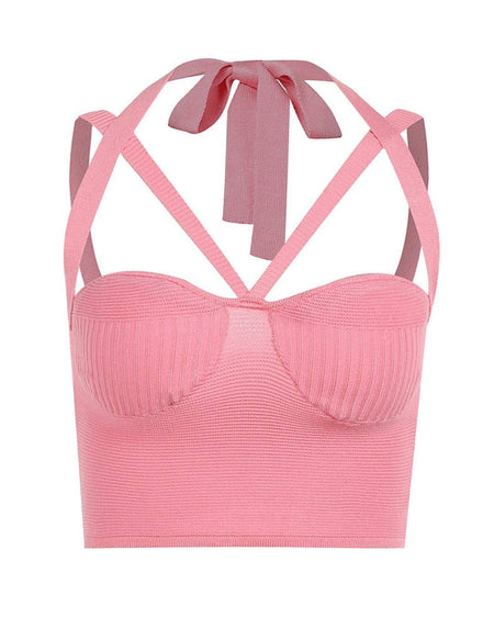 Pink Strappy Crop Knit Top - BEYAZURA.COM