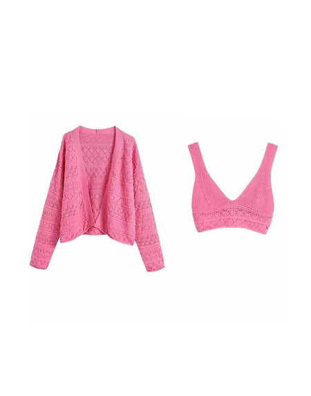 Pink Sweater And Bra Top Knit Set - BEYAZURA.COM