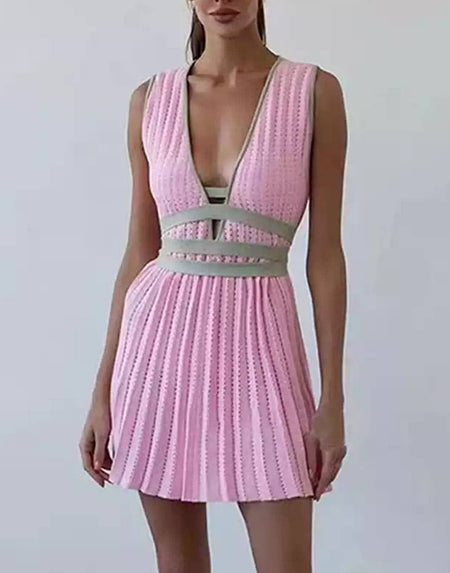 Pleated Color Block Mini Knit Dress - BEYAZURA.COM