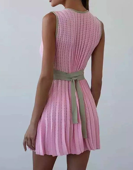 Pleated Color Block Mini Knit Dress - BEYAZURA.COM