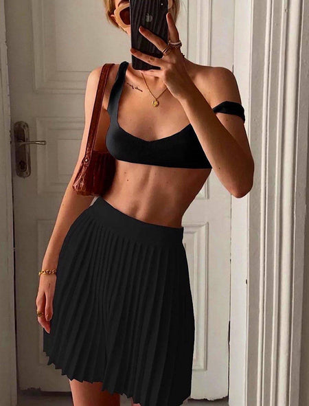Pleated Skirt and Short Top Knit Set - BEYAZURA.COM