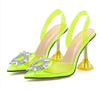 Pointed Toe Crystal Clear Heels in Neon Green - BEYAZURA.COM