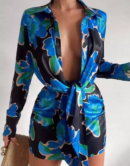 Printed Deep Cleavage Short Dress - BEYAZURA.COM