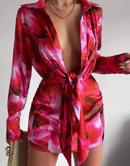 Printed Deep Cleavage Short Dress - BEYAZURA.COM