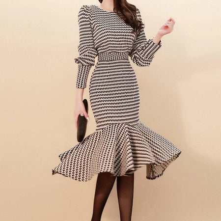 Printed Long Lantern Sleeve Top And High Waist Midi Skirt Two Piece Set - BEYAZURA.COM