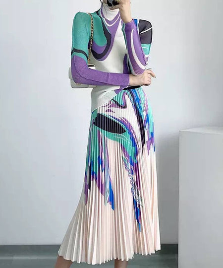 Printed Long Sleeve With Long Skirt Set In Green - BEYAZURA.COM