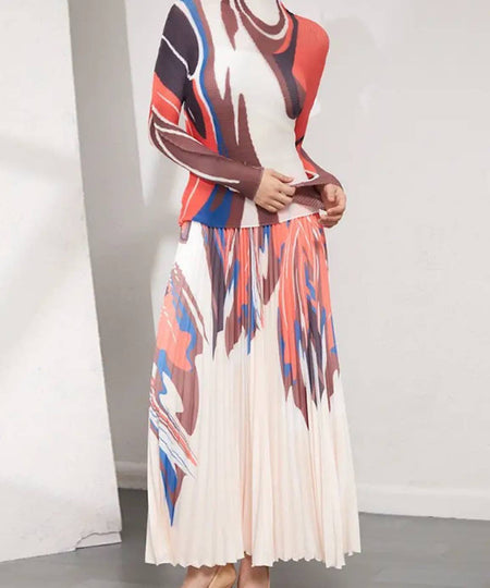 Printed Long Sleeve With Long Skirt Set In Orange - BEYAZURA.COM