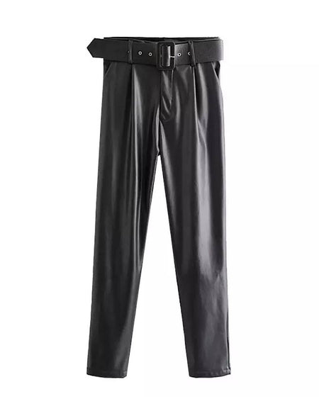PU Leather Belted High Waisted Pants - BEYAZURA.COM