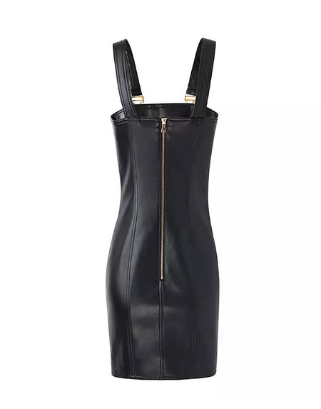 PU Leather Buckle Strap Mini Dress - BEYAZURA.COM