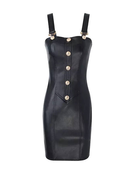 PU Leather Buckle Strap Mini Dress - BEYAZURA.COM