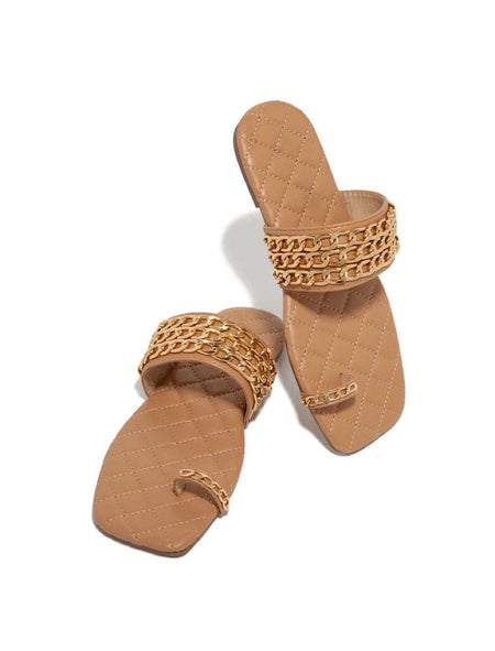 Pu Leather Chain Detailed Flat Slides - BEYAZURA.COM
