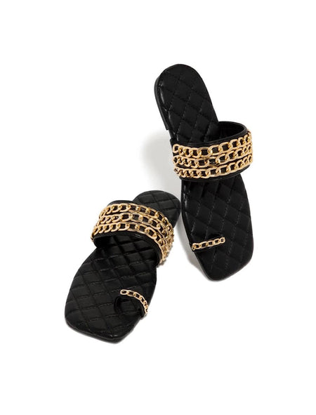 Pu Leather Chain Detailed Flat Slides - BEYAZURA.COM