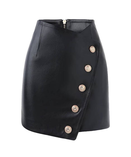 PU Leather Gold Button Mini Skirt In Black - BEYAZURA.COM