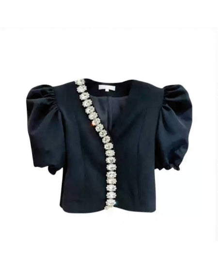 Puff Sleeve Crystal Neck Top - BEYAZURA.COM