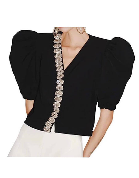 Puff Sleeve Crystal Neck Top - BEYAZURA.COM