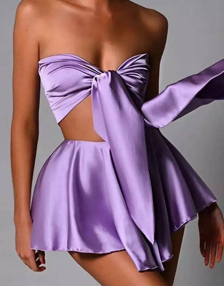 Purple Knotted Bra Top Short Skirt Set - BEYAZURA.COM