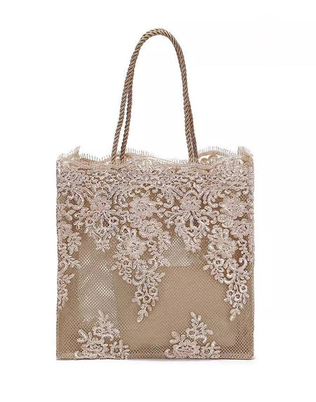 Rectangular Embroidered Lace Tote Bag - BEYAZURA.COM