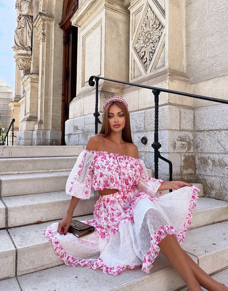 Red Flower Print Top And Skirt Set - BEYAZURA.COM