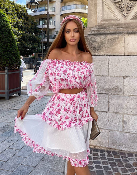 Red Flower Print Top And Skirt Set - BEYAZURA.COM