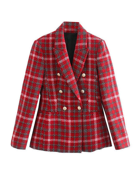 Red Plaid Tweed Blazer - BEYAZURA.COM