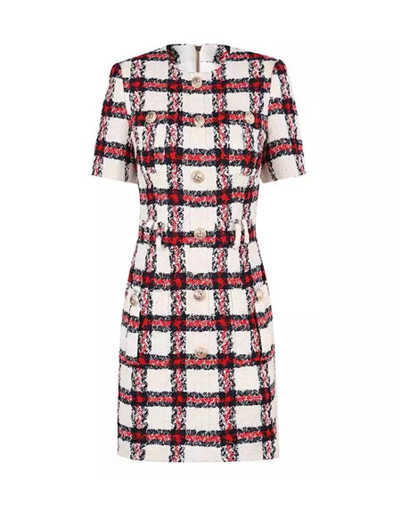 Red Tweed Knit Gold Button Dress - BEYAZURA.COM