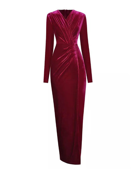 Red Velvet Ruched Long Dress - BEYAZURA.COM