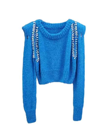 Rhinestone Beaded Short Sweater - BEYAZURA.COM