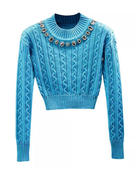 Rhinestone Collar Cropped Sweater - BEYAZURA.COM