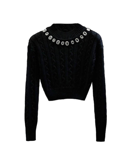 Rhinestone Collar Cropped Sweater - BEYAZURA.COM