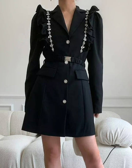 Rhinestone Ruffle Detailed Belted Dress - BEYAZURA.COM