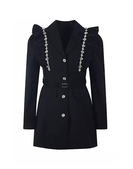 Rhinestone Ruffle Detailed Belted Dress - BEYAZURA.COM