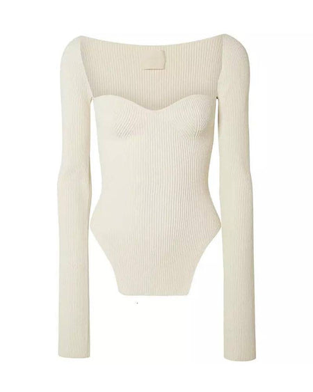 Ribbed Knit Asymmetrical Long Sleeve Top - BEYAZURA.COM