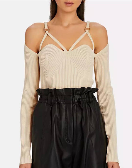 Ribbed Knit Buckle Strap Top - BEYAZURA.COM