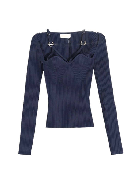 Ribbed Knit Buckle Strap Top - BEYAZURA.COM