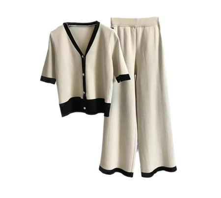 Ribbed Knit Cardigan And Wide Leg Cropped Pants Set - BEYAZURA.COM