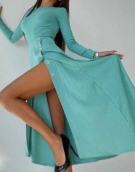 Ribbed Knit High Slit Dress - BEYAZURA.COM