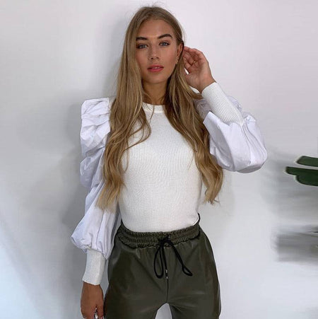 Ribbed Knit Puffy Sleeve Sweater - BEYAZURA.COM