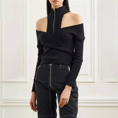 Ribbed Knit Wrap Zipped Sweater In Black - BEYAZURA.COM