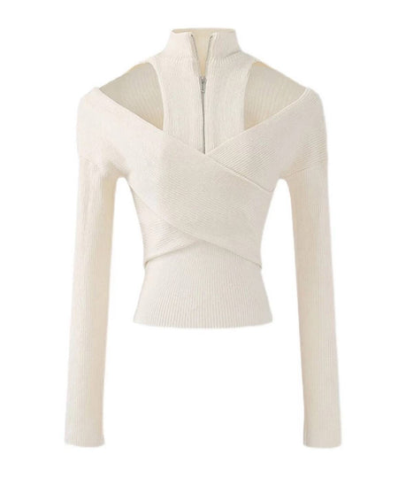 Ribbed Knit Wrap Zipped Sweater In White - BEYAZURA.COM