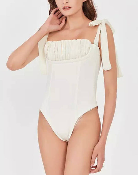 Ruched Bust Tied Knot Strapped Bodysuit - BEYAZURA.COM