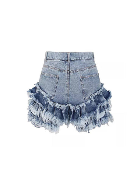 Ruffle Detailed Raw Edge Denim Shorts - BEYAZURA.COM