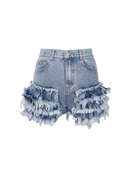 Ruffle Detailed Raw Edge Denim Shorts - BEYAZURA.COM