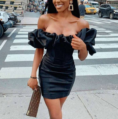 Ruffle Neck Off The Shoulder Bodycon Mini Dress - BEYAZURA.COM