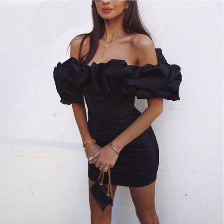 Ruffle Neck Off The Shoulder Bodycon Mini Dress - BEYAZURA.COM