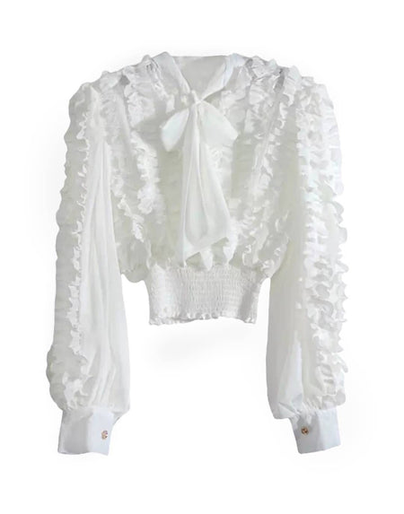 Ruffle Tie Neck Top - BEYAZURA.COM