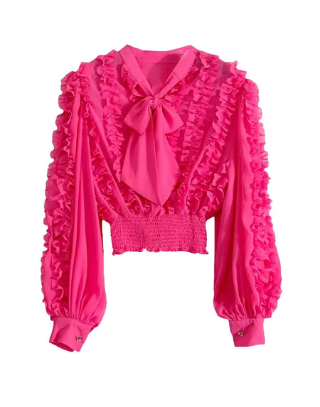 Ruffle Tie Neck Top - BEYAZURA.COM